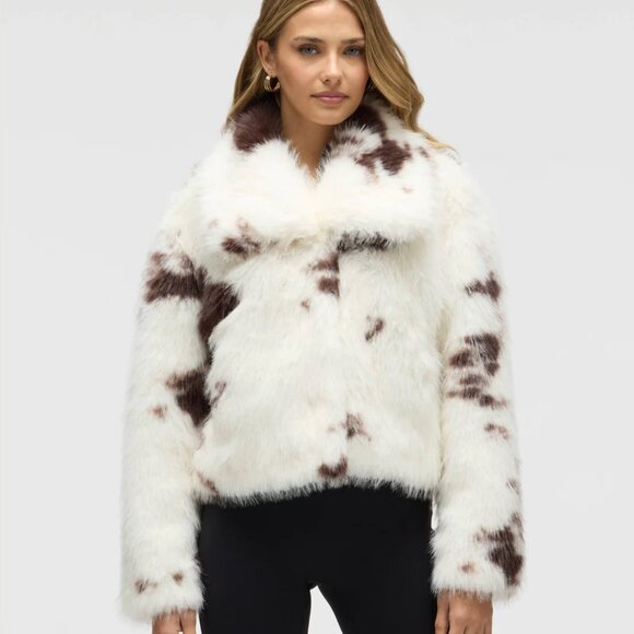 NWT $199 NVLT White Cropped Faux Fox Fur Jacket in Cow Print Western SMALL - Picture 1 of 5